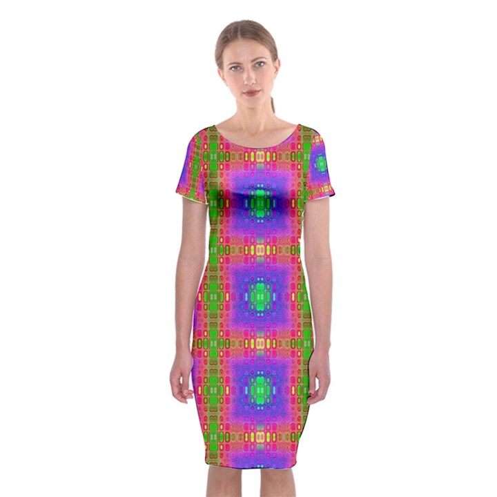 Groovy Purple Green Pink Square Pattern Classic Short Sleeve Midi Dress