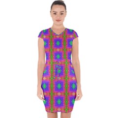 Groovy Purple Green Pink Square Pattern Capsleeve Drawstring Dress  by BrightVibesDesign