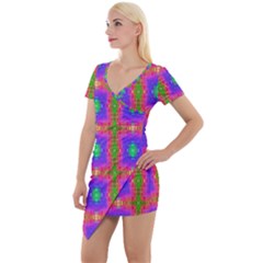 Groovy Purple Green Pink Square Pattern Short Sleeve Asymmetric Mini Dress by BrightVibesDesign