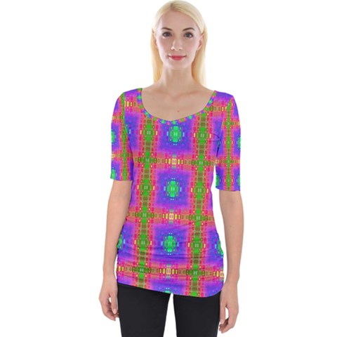 Groovy Purple Green Pink Square Pattern Wide Neckline Tee by BrightVibesDesign