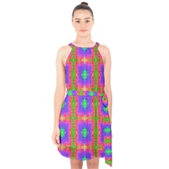 Groovy Purple Green Pink Square Pattern Halter Collar Waist Tie Chiffon Dress by BrightVibesDesign