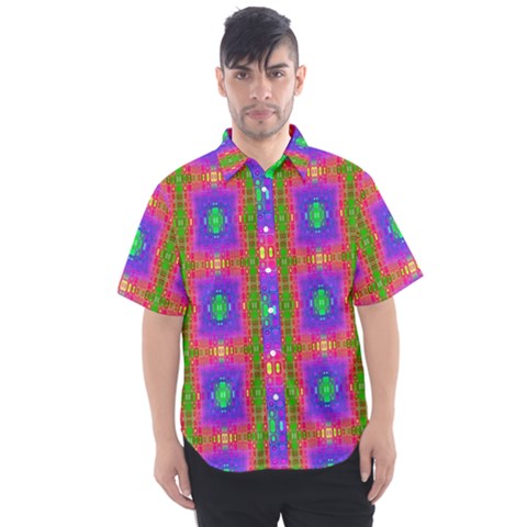 Groovy Purple Green Pink Square Pattern Men s Short Sleeve Shirt by BrightVibesDesign