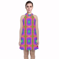 Groovy Purple Green Pink Square Pattern Velvet Halter Neckline Dress 