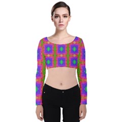 Groovy Purple Green Pink Square Pattern Velvet Long Sleeve Crop Top by BrightVibesDesign