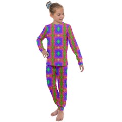 Groovy Purple Green Pink Square Pattern Kids  Long Sleeve Set 