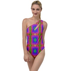 Groovy Purple Green Pink Square Pattern To One Side Swimsuit by BrightVibesDesign