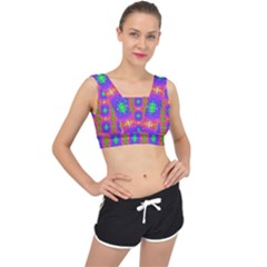 Groovy Purple Green Pink Square Pattern V-back Sports Bra by BrightVibesDesign