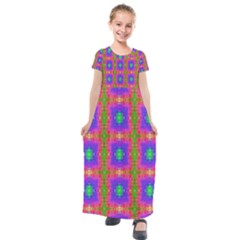 Groovy Purple Green Pink Square Pattern Kids  Short Sleeve Maxi Dress by BrightVibesDesign