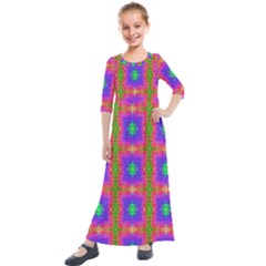 Groovy Purple Green Pink Square Pattern Kids  Quarter Sleeve Maxi Dress by BrightVibesDesign