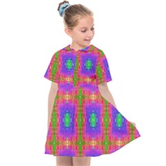 Groovy Purple Green Pink Square Pattern Kids  Sailor Dress by BrightVibesDesign