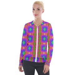 Groovy Purple Green Pink Square Pattern Velour Zip Up Jacket