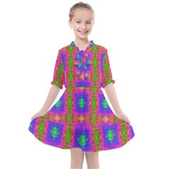 Groovy Purple Green Pink Square Pattern Kids  All Frills Chiffon Dress