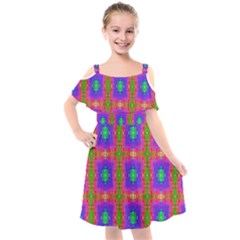 Groovy Purple Green Pink Square Pattern Kids  Cut Out Shoulders Chiffon Dress