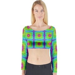 Groovy Yellow Pink Purple Square Pattern Long Sleeve Crop Top by BrightVibesDesign