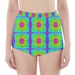 Groovy Yellow Pink Purple Square Pattern High-waisted Bikini Bottoms by BrightVibesDesign