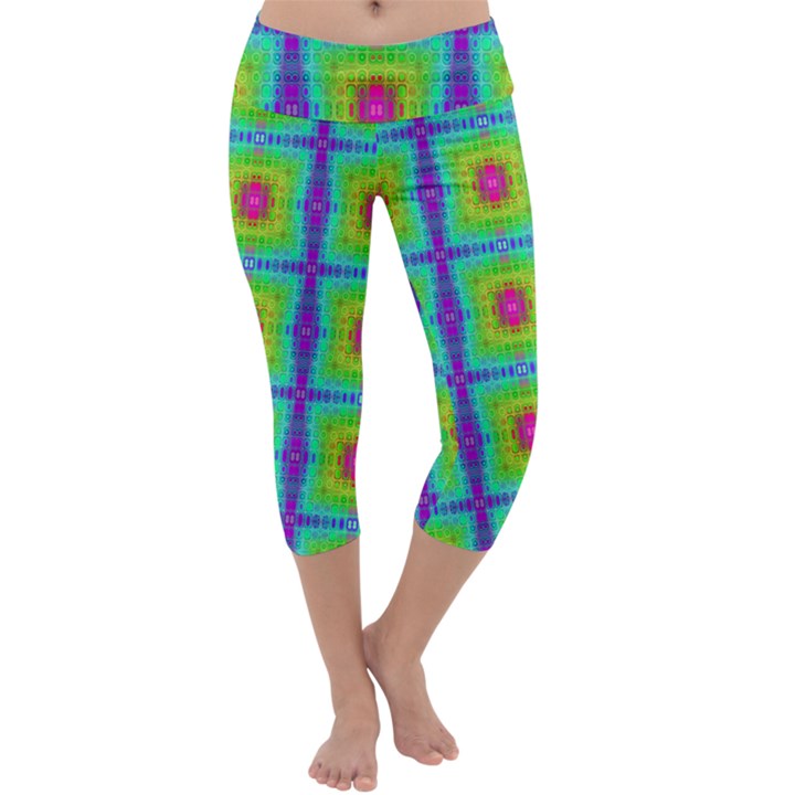 Groovy Yellow Pink Purple Square Pattern Capri Yoga Leggings