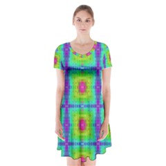 Groovy Yellow Pink Purple Square Pattern Short Sleeve V-neck Flare Dress by BrightVibesDesign