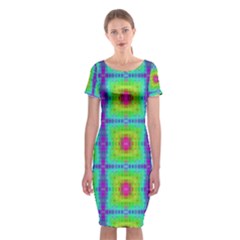 Groovy Yellow Pink Purple Square Pattern Classic Short Sleeve Midi Dress by BrightVibesDesign