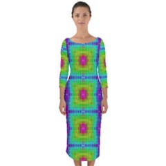 Groovy Yellow Pink Purple Square Pattern Quarter Sleeve Midi Bodycon Dress by BrightVibesDesign