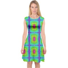 Groovy Yellow Pink Purple Square Pattern Capsleeve Midi Dress by BrightVibesDesign