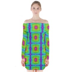 Groovy Yellow Pink Purple Square Pattern Long Sleeve Off Shoulder Dress by BrightVibesDesign