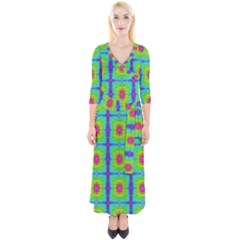 Groovy Yellow Pink Purple Square Pattern Quarter Sleeve Wrap Maxi Dress by BrightVibesDesign