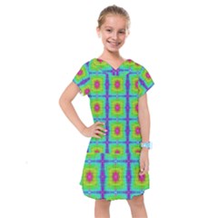 Groovy Yellow Pink Purple Square Pattern Kids  Drop Waist Dress by BrightVibesDesign