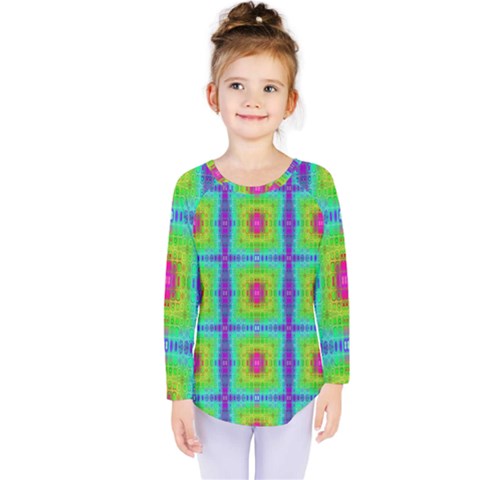 Groovy Yellow Pink Purple Square Pattern Kids  Long Sleeve Tee by BrightVibesDesign