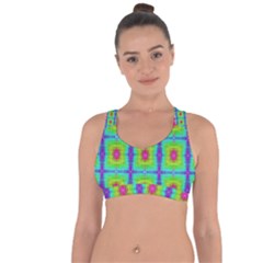 Groovy Yellow Pink Purple Square Pattern Cross String Back Sports Bra by BrightVibesDesign