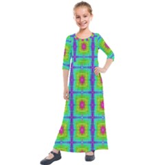 Groovy Yellow Pink Purple Square Pattern Kids  Quarter Sleeve Maxi Dress by BrightVibesDesign