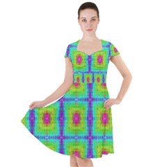 Groovy Yellow Pink Purple Square Pattern Cap Sleeve Midi Dress by BrightVibesDesign