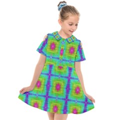 Groovy Yellow Pink Purple Square Pattern Kids  Short Sleeve Shirt Dress by BrightVibesDesign