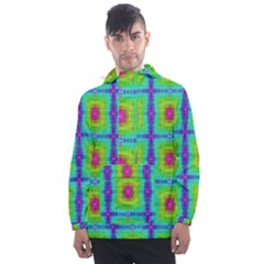 Groovy Yellow Pink Purple Square Pattern Men s Front Pocket Pullover Windbreaker