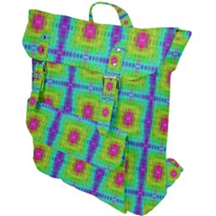 Groovy Yellow Pink Purple Square Pattern Buckle Up Backpack by BrightVibesDesign