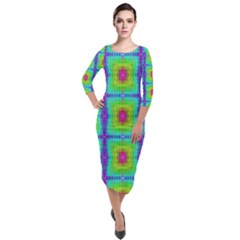 Groovy Yellow Pink Purple Square Pattern Quarter Sleeve Midi Velour Bodycon Dress by BrightVibesDesign