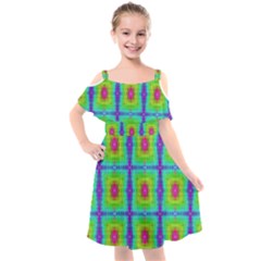 Groovy Yellow Pink Purple Square Pattern Kids  Cut Out Shoulders Chiffon Dress by BrightVibesDesign