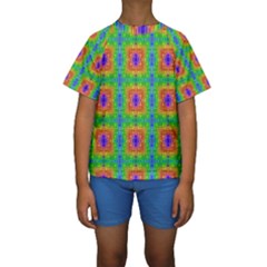 Groovy Purple Green Blue Orange Square Pattern Kids  Short Sleeve Swimwear by BrightVibesDesign