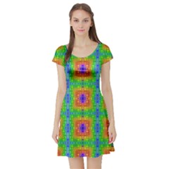 Groovy Purple Green Blue Orange Square Pattern Short Sleeve Skater Dress by BrightVibesDesign