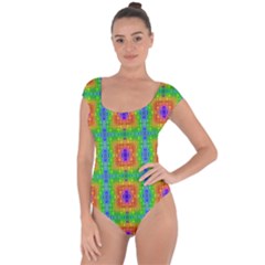 Groovy Purple Green Blue Orange Square Pattern Short Sleeve Leotard  by BrightVibesDesign