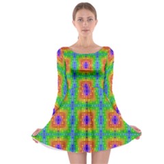 Groovy Purple Green Blue Orange Square Pattern Long Sleeve Skater Dress by BrightVibesDesign