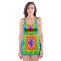 Groovy Purple Green Blue Orange Square Pattern Skater Dress Swimsuit by BrightVibesDesign