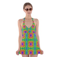 Groovy Purple Green Blue Orange Square Pattern Halter Dress Swimsuit  by BrightVibesDesign