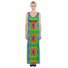 Groovy Purple Green Blue Orange Square Pattern Maxi Thigh Split Dress by BrightVibesDesign