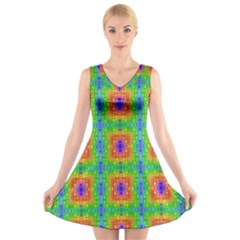 Groovy Purple Green Blue Orange Square Pattern V-neck Sleeveless Dress by BrightVibesDesign