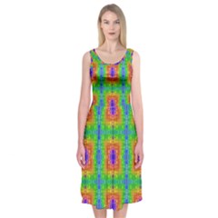 Groovy Purple Green Blue Orange Square Pattern Midi Sleeveless Dress by BrightVibesDesign