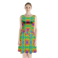 Groovy Purple Green Blue Orange Square Pattern Sleeveless Waist Tie Chiffon Dress