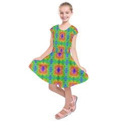 Groovy Purple Green Blue Orange Square Pattern Kids  Short Sleeve Dress by BrightVibesDesign