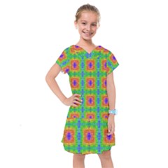 Groovy Purple Green Blue Orange Square Pattern Kids  Drop Waist Dress by BrightVibesDesign