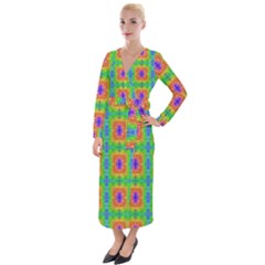 Groovy Purple Green Blue Orange Square Pattern Velvet Maxi Wrap Dress