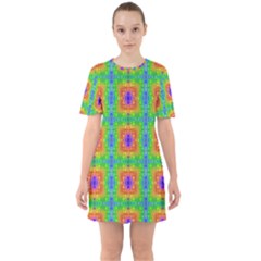 Groovy Purple Green Blue Orange Square Pattern Sixties Short Sleeve Mini Dress